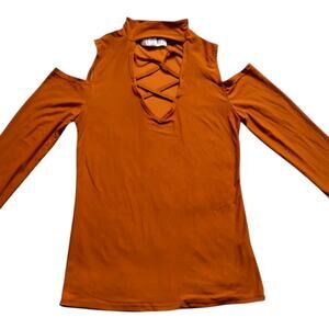 Women's Vintage Eye Candy Shoulder Cut Out Long Sleeve Top, Medium, Copper